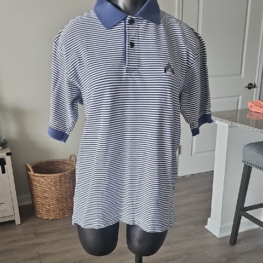 Mens Izod Navy and White Striped Polo Shirt, Size Small